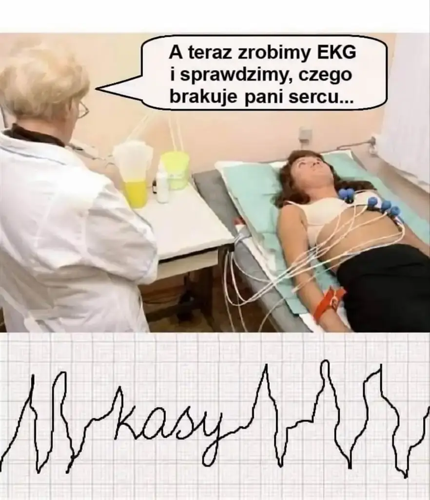 Lekarka robi EKG, by sprawdzić, czego brakuje sercu, a zapis układa się w słowo „pieniędzy”